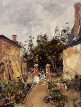 尤金 佈丹 Madame S with Her Children in Their Garden at Trouville